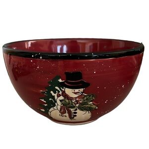 GIBSON HOME CERAMIC HOLIDAY CHRISTMAS SNOWMEN SNACK BOWL HOLIDAY RED 4”ROUND